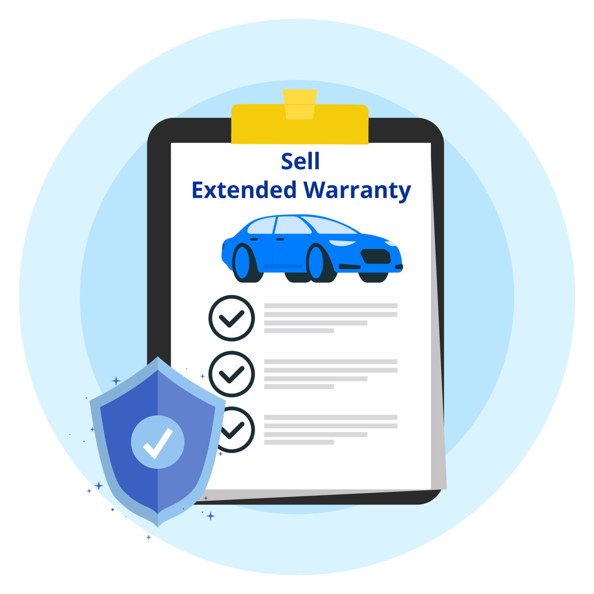 Illustration of a clipboard with the title 'Sell Extended Warranty', featuring a blue car graphic and checklists on the paper. A shield symbol with a checkmark is also present.