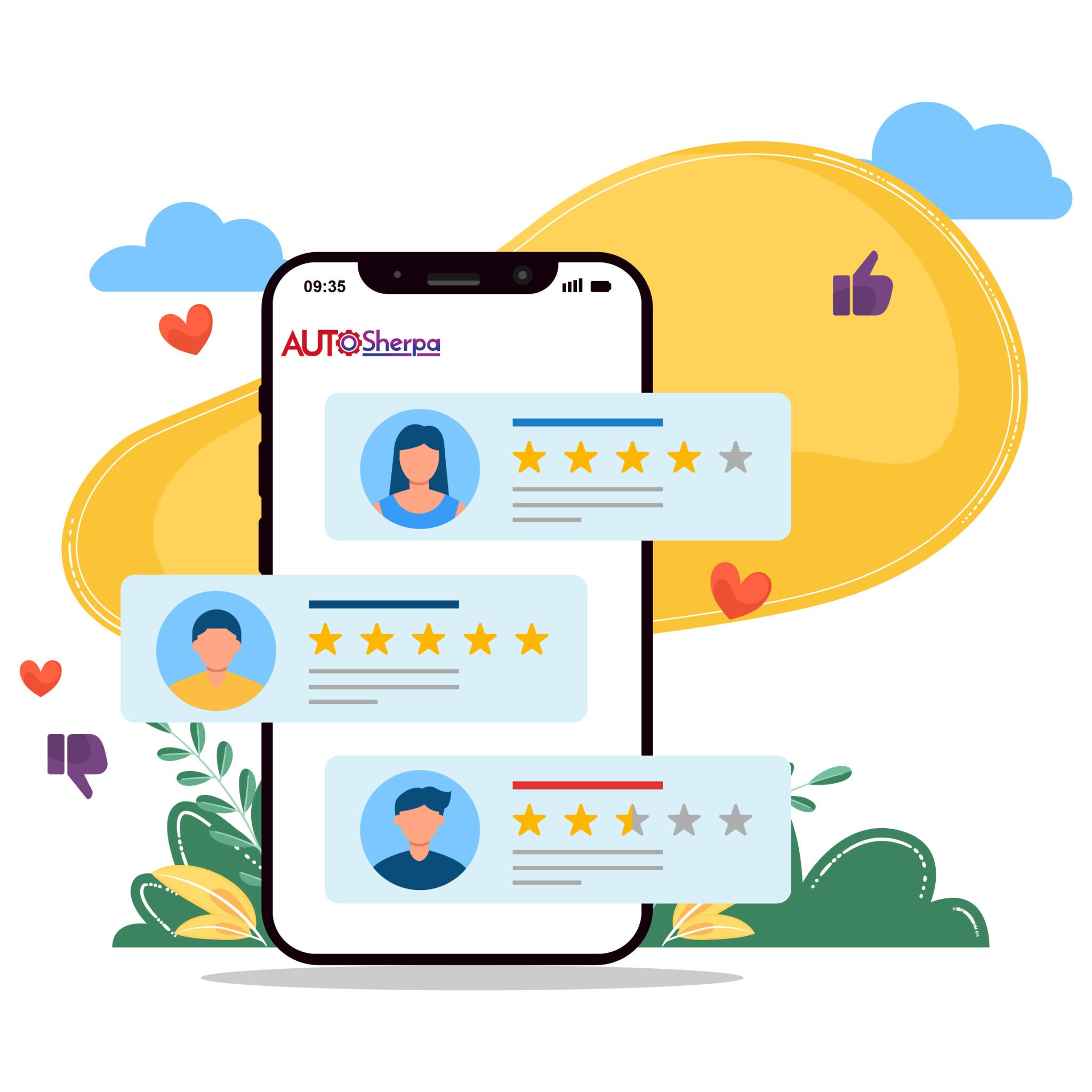 Illustration of a smartphone displaying customer feedback with ratings, surrounded by colorful graphics and floral elements.